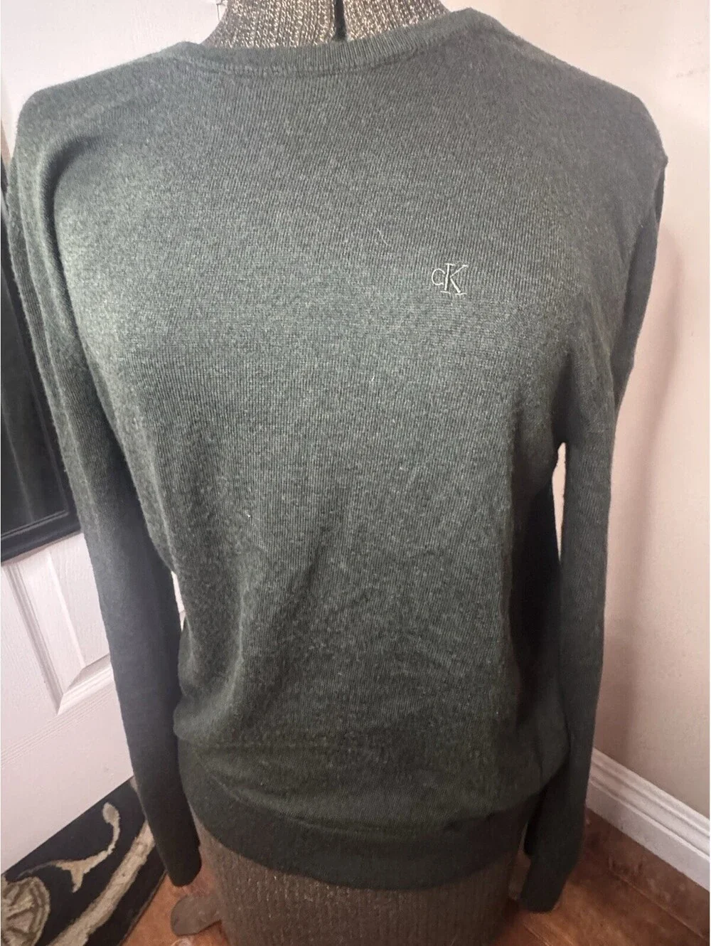 Calvin Klein Mens Knit Sweater Men Olive Green Sz M Ribbed Cuffs Neck & Bottom